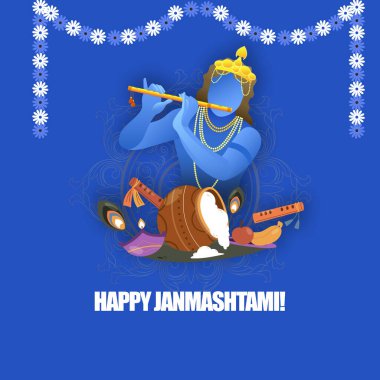  Mutlu Krishna Janmashtami festivali. Janmashtami festival vektörü Lord Krishna flüt vektör illüstrasyon arka plan, pankart, dijital posta, poster ve kart tasarımı oynuyor