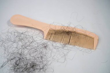 Saçlar dökülüyor ve taranmaktan kırılıyor. Seçici odak tekniği ve beyaz arkaplan ile çekilen.