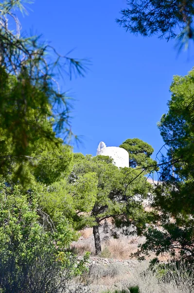 Güneşli bir günde Akdeniz Çam ağaçları arasındaki La Magdalena Hermitage 'in alçak açılı görüntüsü. Yüksek kaliteli fotoğraf.