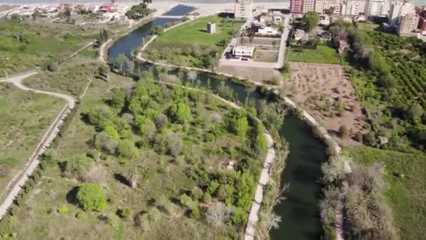 Aerial Drone View Anna River Meanders Arriving Mediterranean Sea High — Vídeo de Stock
