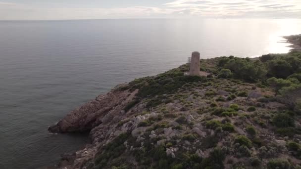 Aerial Footage Medieval Coastal Defensive Tower Corda Oropesa Spain High — Stock videók