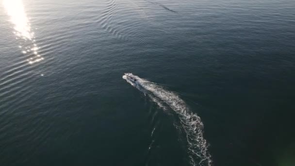 Aerial Drone Pursuit Small Sailing Boat Splashing Water Mediterranean Sea — Stockvideo