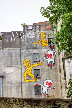 Vertical image of colorful street art graffiti in Sao Paulo buildings in Brazil. High-quality photo