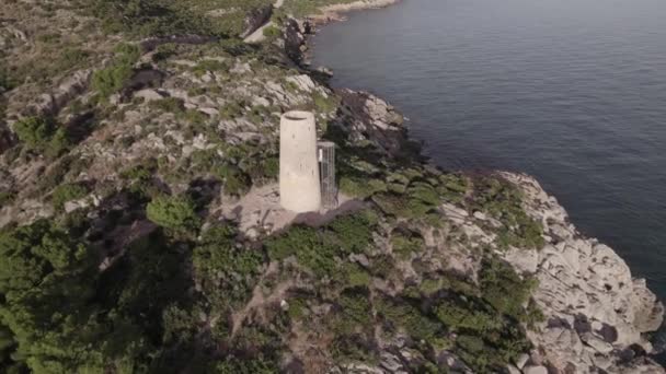 Aerial Footage Medieval Coastal Defensive Tower Corda Oropesa Spain High — Vídeo de stock