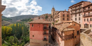 Panoramic view of Albarracin's ancient Village towards the Cathedral and red-walled old houses. High-quality photo
