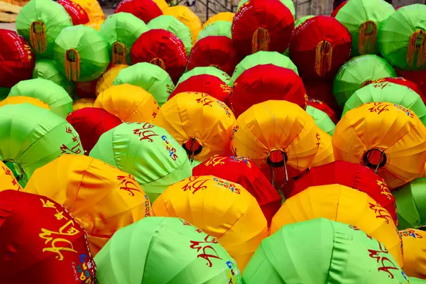 Close-up view of a bunch of Chinese lanterns on the ground in Shandong Province, China. High-quality photo