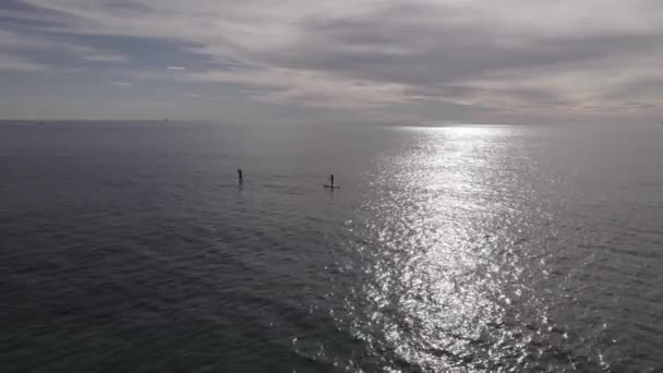 Drone Footage Two People Practicing Paddle Surfing Standing Boards Sunny — Video Stock