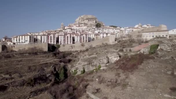 Vista Aérea Ascendente Vuelo Hacia Morella Medieval Village Castillo Paredes — Vídeo de stock