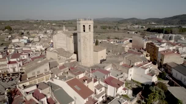 Voo Orbital Drone Direção Igreja Arciprestal Sant Mateu Sua Torre — Vídeo de Stock
