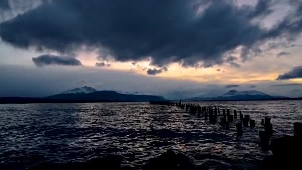 Old Puerto Natales Pier Wind Blowing Waves Mountains Puerto Natales — Stok video