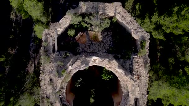 Ovanifrån Gamla Kvarvarande Ruinerna Santa Barbara Kyrkan Monroyo Matarranya Regionen — Stockvideo