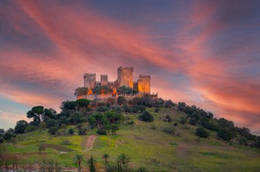 Almodovar del Rio antik kalesi alacakaranlıkta tepenin üstünde, kırmızı bulutlar arka planda, Cordoba, İspanya. Yüksek kalite fotoğraf