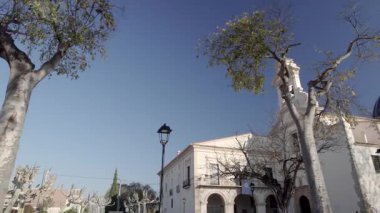 Arka planda bulutsuz mavi gökyüzü olan ağaçların altındaki güzel Bazilika de Lledo 'nun yan görüntüsü. Yüksek kalite 4k görüntü