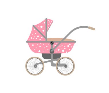 Beyaz arka planda benekli pembe bebek arabası. Vektör illüstrasyonu.