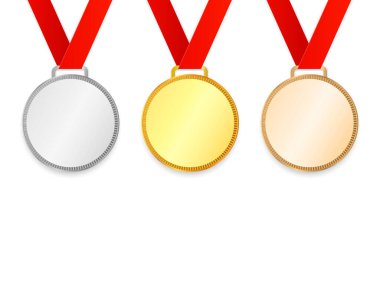 Kurdeleli ödül madalyaları. Arka planda altın, gümüş ve bronz madalya koleksiyonu var. Vektör illüstrasyonu.