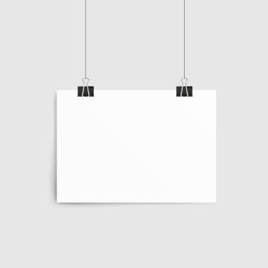 Kağıt yaprağın poster şablonu. Ataçla asılı boş kağıt çerçeve modeli. Beyaz arka planda izole edilmiş. Vektör illüstrasyonu.