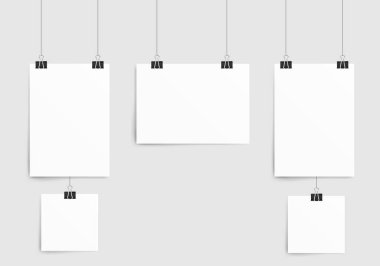 Kağıt yaprağın poster şablonu. Koleksiyon boş kağıt çerçeve modeli ataçla asılı. Beyaz arka planda izole edilmiş. Vektör illüstrasyonu.