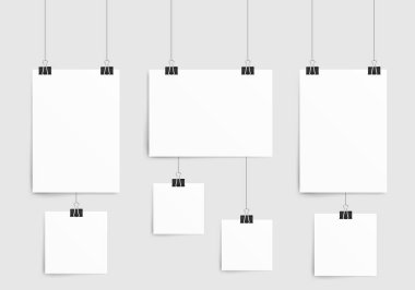 Kağıt yaprağın poster şablonu. Koleksiyon boş kağıt çerçeve modeli ataçla asılı. Beyaz arka planda izole edilmiş. Vektör illüstrasyonu.
