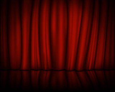 Sahneli kırmızı kadife perde. Sahne ışıkları perdeye. Vektör çizimi. Eps 10.