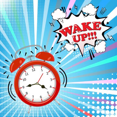 Yarım ton arkaplanlı komik balonlu çalar saat. Retro pop sanat tarzı. Vektör çizimi. Eps 10.