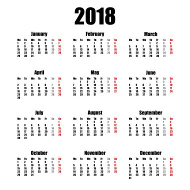 Takvim 2018 basit biçimi beyaz arkaplanda izole edildi. Vektör çizimi. Eps 10.