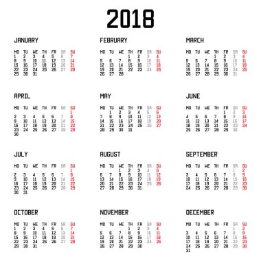 Takvim 2018 basit biçimi beyaz arkaplanda izole edildi. Vektör çizimi. Eps 10.