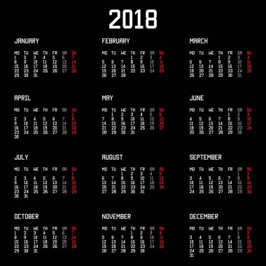 Takvim 2018. Basit biçim siyah arkaplanda izole edildi. Vektör çizimi. Eps 10.
