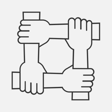 Dört el bilek için birbirine tutunur, diğeri için. Dört bağlı el. Birlikteliğin sembolü. Beyaz arka planda izole edilmiş. Vektör çizimi. Eps 10.