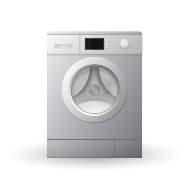 Kapalı çamaşır makinesi beyaz arka planda izole edilmiş. 3d Vektör illüstrasyonu.