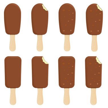 Beyaz arka planda sopayla izole edilmiş fındıklı dondurma seti. Vektör çizimi. Eps 10.