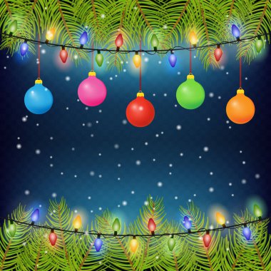 Noel arkaplanı köknar ağacı dalları, renk topları ve ampuller. Vektör illüstrasyonu.