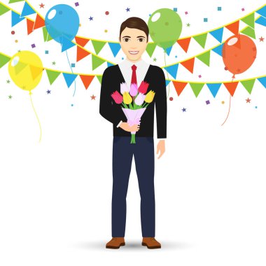 Elinde büyük bir buket lale tutan genç bir adam. Çiçekli Adamlar. Vektör illüstrasyonu.