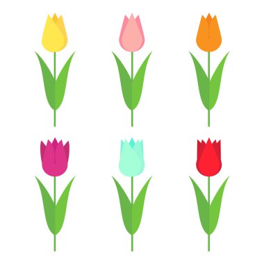 Laleler ikon oluşturdu. Çiçek koleksiyonu beyaz arka planda izole edildi. Vektör illüstrasyonu.