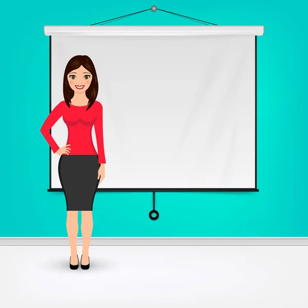 Businesswoman Giving Presentation Projector Screen White Board Presentation Concept Vector — 스톡 벡터