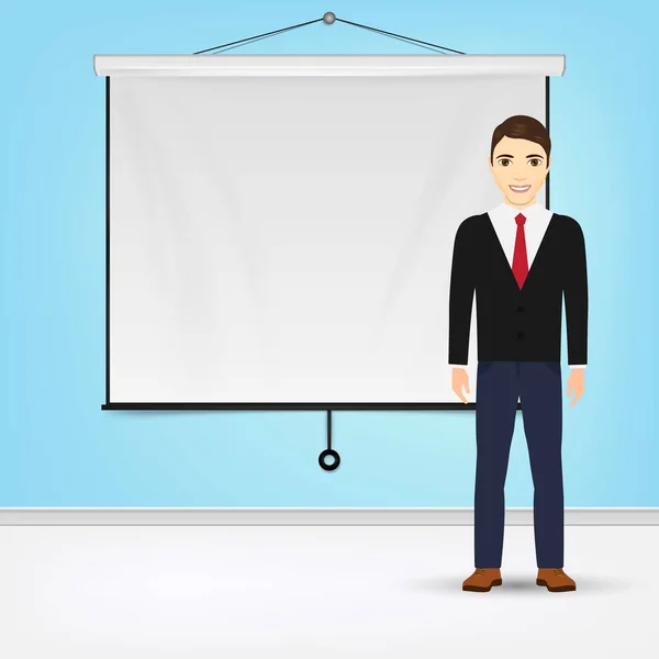 Businessman Giving Presentation Projector Screen White Board Presentation Concept Vector — 스톡 벡터