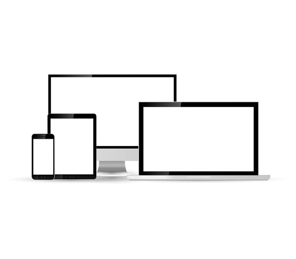 Набор защитных экранов. Технология устройства. Компьютерный монитор, ноутбук, планшет, смартфон изолирован на белом фоне..