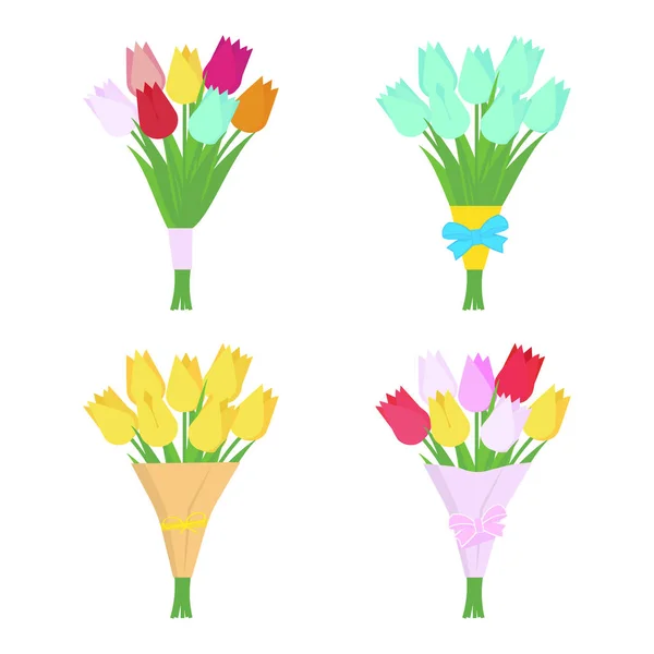 Set Tulip Flowers Bouquets Isolated White Background Flower Arrangement Vector — Archivo Imágenes Vectoriales