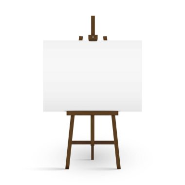 Sanatçı sehpasındaki boş tuval. Beyaz arka planda boş tablo ve ahşap sehpa var. Vektör çizimi. Eps 10.