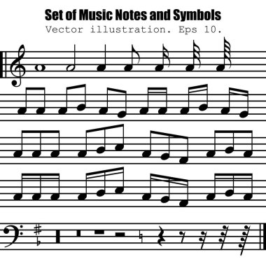 Bir sürü siyah nota ve sembol. Koleksiyon müzik sembolü. Müzik notaları beyaz arkaplanda izole edilmiş. Vektör çizimi. Eps 10.