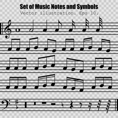 Bir sürü siyah nota ve sembol. Koleksiyon müzik sembolü. Müzik notaları şeffaf arkaplanda izole edildi. Vektör çizimi. Eps 10.