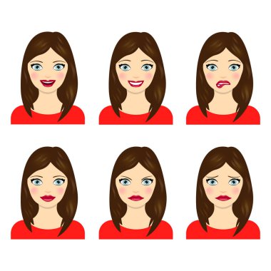 Genç kadınlar beyaz arka planda izole edilmiş durumdalar. Vektör çizimi. Bir kızın yüz ifadeleri..