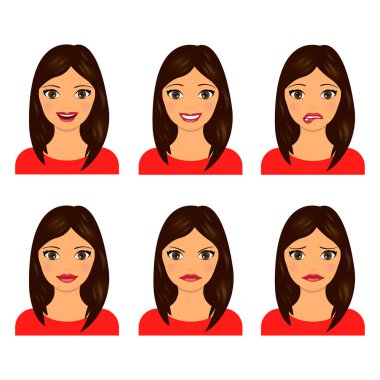 Genç kadınlar beyaz arka planda izole edilmiş durumdalar. Vektör çizimi. Bir kızın yüz ifadeleri..