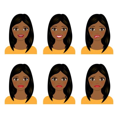 Genç kadınlar beyaz arka planda izole edilmiş durumdalar. Vektör çizimi. Bir kızın yüz ifadeleri..