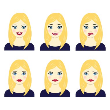 Genç kadınlar beyaz arka planda izole edilmiş durumdalar. Vektör çizimi. Bir kızın yüz ifadeleri..
