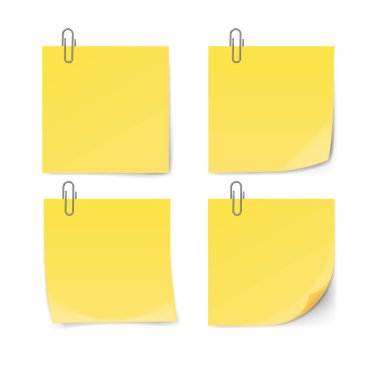 Beyaz zemin üzerinde ataç olan sarı yapışkan not. Vektör illüstrasyonu.