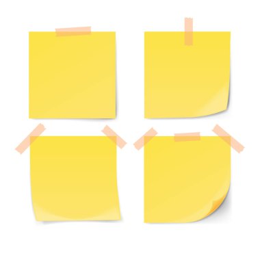 Beyaz arka planda izole edilmiş yapışkan bantlı sarı nota. Vektör illüstrasyonu.