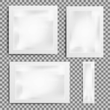 Gerçekçi Beyaz Boş Şablon Şablonu Islak Folyo Mendilleri. Yiyecek Toplama Kahvesi, Tuz, Şeker, Biber, Baharat, Şeker. Şeffaf arkaplanda izole edilmiş. Vektör çizimi. Eps 10.
