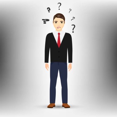 Beyaz arka planda soru işareti olan düşünen bir adam. Vektör çizimi. Eps 10.