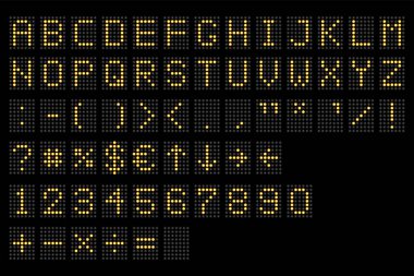 Dijital alfabeye göre dizilmiş. Elektronik sayı ve alfabe dijital ekran, harfler ve semboller. Izgaralı dijital terminal tablosu destekli yazı tipi. Vektör çizimi. Eps 10.