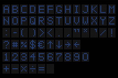 Dijital alfabeye göre dizilmiş. Elektronik sayı ve alfabe dijital ekran, harfler ve semboller. Izgaralı dijital terminal tablosu destekli yazı tipi. Vektör çizimi. Eps 10.